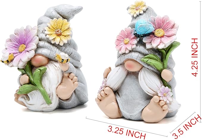 Hodao Set of 2 Spring Gnome Decorations Flower Gnomes Ornaments Decor Summer Outdoor Figurines Spring Elves for Porch, Garden Yard, Flower Bed Garden Gifts for Women, Mom (Grey)