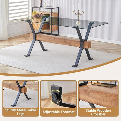 Glass Dining Table 71"｜Modern Dining Table for 6-8｜0.4" Thick Tempered Glass Top｜Matte Black Metal Legs｜Wooden Crossbar｜Easy Assembly｜Perfect for Dining Room or Kitchen