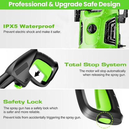 Pressure Cleaner 4800 PSI Power Cleaners Electric Powered with 33ft Pressure Hose, 4 Nozzle and Foam Cannon, Powercleaners for Home, Cars, Patio, Light Green