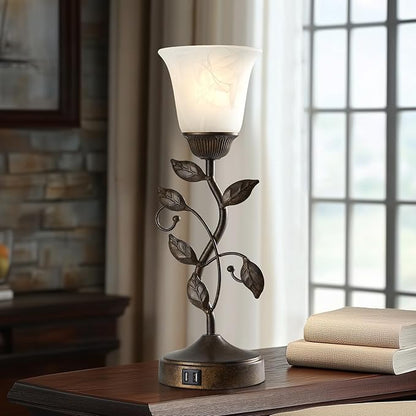 RORIANO Set of 2 Touch Farmhouse Bedroom Table Lamps, Nightstand Vintage Flower Lamps with 2 USB Ports, 3 Way Dimmable Leaf Lamp for Living Room with White Glass Shades, Bulbs Included