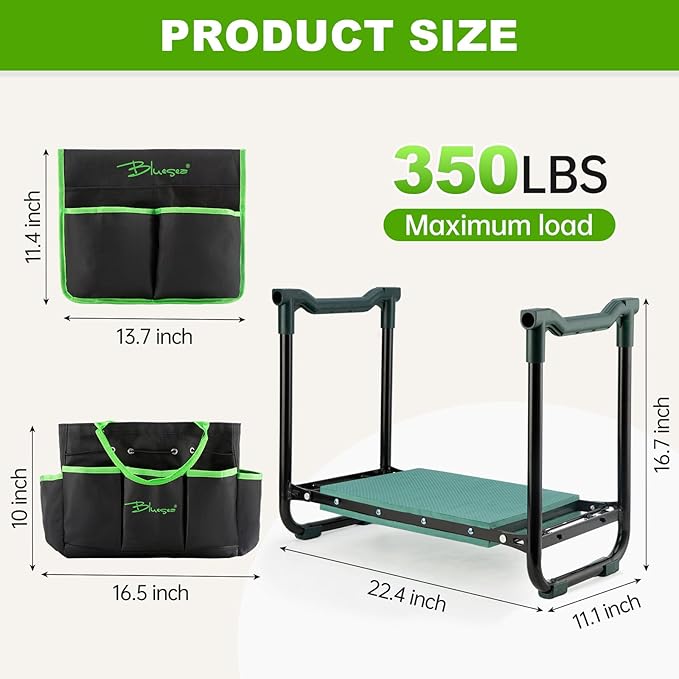 Bluesea Garden Kneeler and Seat - 2-in-1 Heavy Duty Garden Stool & Thick Kneeling Pad with Tool Pouch, Foldable Garden Bench for Planting, Weeding, Seniors, Women (350lbs Capacity)