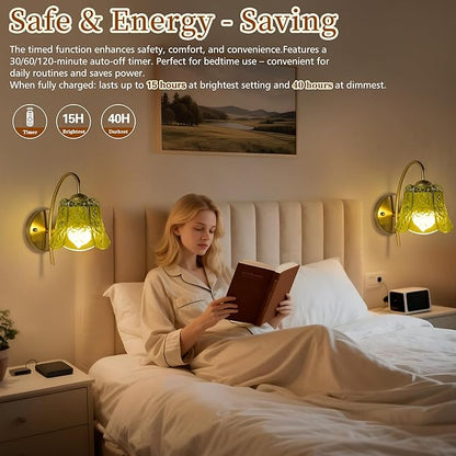 Wireless Wall Sconce with Flower lampshade, Battery Operated Wall Lights,Wall lamp with 15 Colors for Bedroom Living Room Home Decor (Green Flower,2 Light Battery Operated)