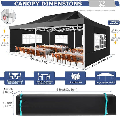 COBIZI 13x26 Pop up Canopy Heavy Duty with 6 Sidewalls, Easy Set-up Commercial Outdoor Party, 100% Waterproof Wedding Canopy Gazebo, 2 Height Adjustable with Wheeled Bag,Black