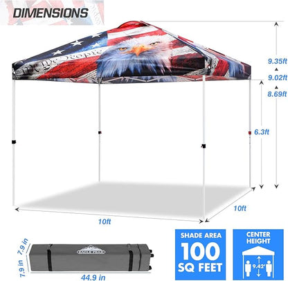 EAGLE PEAK Pop Up Canopy Tent with Wheeled Carry Bag, 8 Stakes, 4 Ropes, 4 Weight Bags, Easy Set Up Tent Canopy, 10x10 ft, 100sqft of Shade, American Icon