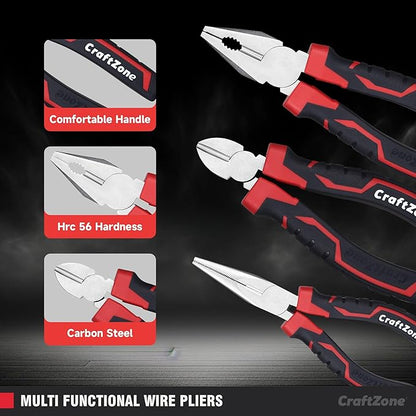 3-Piece Pliers Set –Linemans Plier 6" Long Nose 6" Diagonal Cutters & 8" Combination Plier Heavy Duty Carbon Steel Tool Sets for Home Repair Professional Use Outdoor & Ergonomic Soft Grip