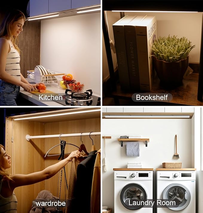 Leetdud Under Cabinet Lighting Plug in, 24 Inch 4 Pcs, Linkable AC120V 3CCT 3000K/4000K/5000K Ultra Slim, LED Under Cabinet Lights for Counter Light, Kitchen, Shelf, Sink, Workshop, Desk, White