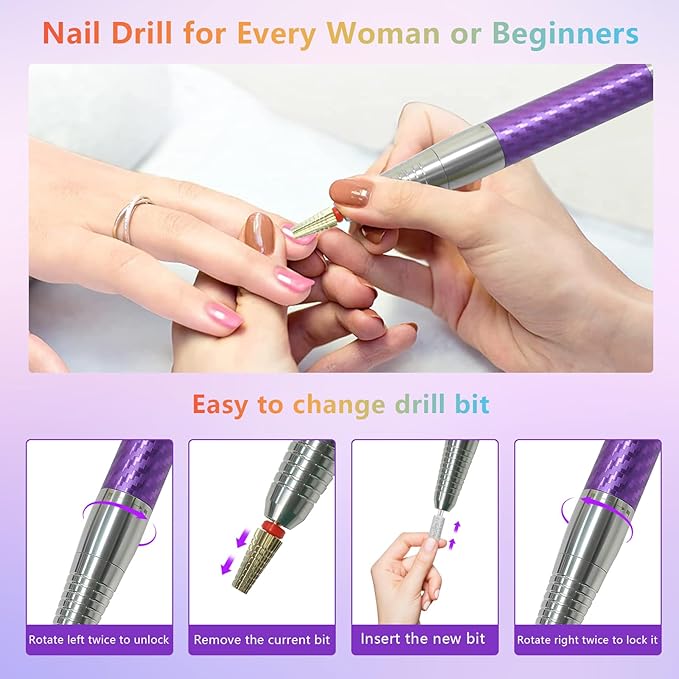 BETE Professional Nail Drill Machine, 0-40000RPM Brushless Durable Electric Nail File for Acrylic Gel Nails, Rechargeable Nail Drill with Charging Base with 6pcs Drill Bits for Salon Home, Purple