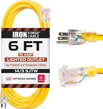 Iron Forge Cable Weatherproof 6 Ft Outdoor Extension Cord - 14/3 SJTW 15 Amp Heavy Duty Yellow Extension Cord 3 Prong - Lighted End