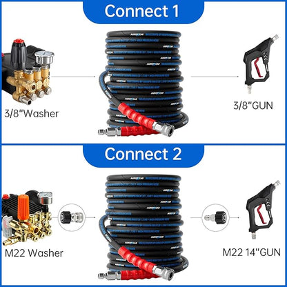 3/8'' Pressure Washer Hose 100FT, Kink Resistant High Tensile Wire Braided Power Washer Hose for Hot and Cold Water with 2 Pcs M22-14mm 3/8" Quick Connect Kit, 5200PSI Commercial Industrial Grade