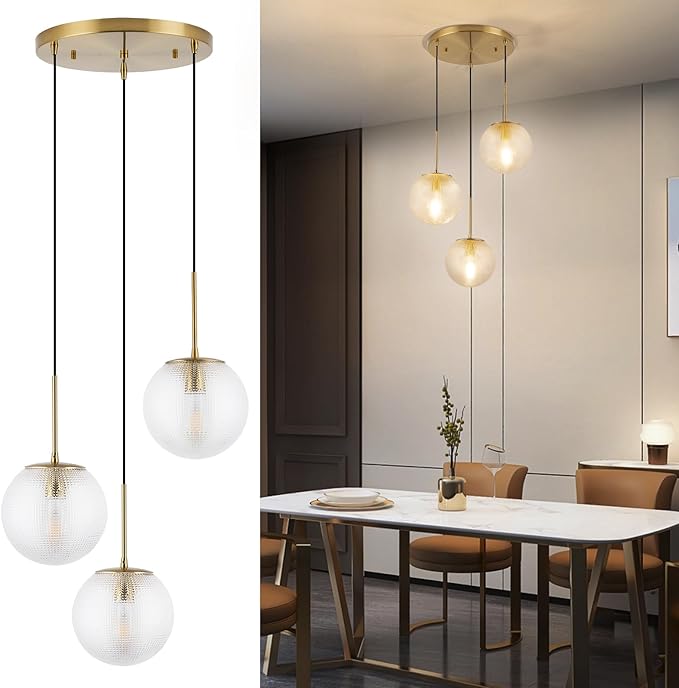 3-Light Glass Globe Pendant Light, Mid Century Modern Cluster Chandelier with Clear Glass, Vintage Gold Pendant Lighting for Kitchen Island, Staircase, Dining Room, Living Room