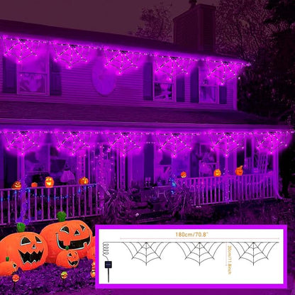 Halloween Spider Web Lights Outdoor, Solar Light up Cobweb String Lights with 60LED Lights, Spiderweb Curtain Fairy String Lights for Halloween Decorations Fireplace Proch Window Garden (Purple)