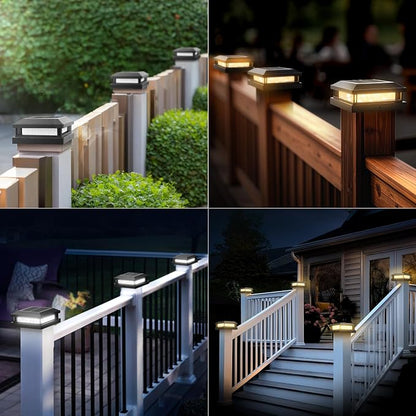 Solar Post Cap Lights Outdoor 16 Packs for 4x4 5x5 Vinyl/Wooden Posts, Waterproof Solar Powered Fence Cap Light with Warm/Cool Lighting, Black 16LEDs Deck Caps Lights for Yard, Garden, Patio