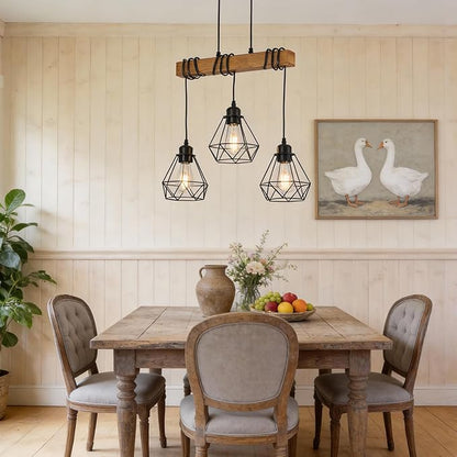 3-Lights Farmhouse Dining Room Pendant Light Fixtures Over Table, Rustic Solid Wood Kitchen Island Lighting Hanging with Metal Shades, Modern Black Ceiling Lamp for Living Room Hallway