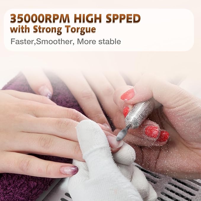 Professional Nail Drill Machine, HoMove 35000RPM Portable Nail Drills, Rechargeable Efile Nails Drill, Low Heat Electric Nail File for Acrylic Gel Nails（Pearl White）