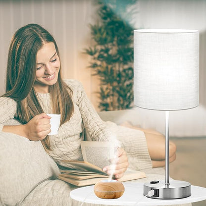 Set of 2 Grey Touch Control Table Lamps with 2 USB Ports & AC Outlet, 3-Way Dimmable Bedside Nightstand Lamps, Desk Lamp for Bedroom Living Room Nursery, 800 Lumens 5000K Daylight Bulbs Included