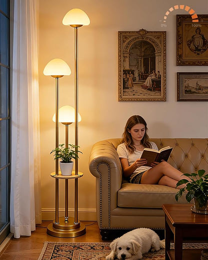 Lightdot Gold Dimmable Floor Lamp with Table, Modern Floor Lamps with Mushroom Shades & Bulbs, 3000K Warm Lights Tall Standing Lamp for Living Room/Bedroom/Office/Sofa Beside/Corner Decor