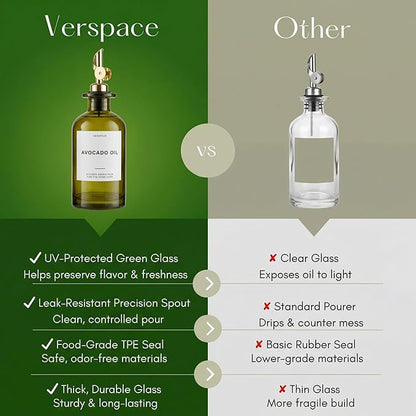 Verspace UV-Protected Green Glass Olive Oil Dispenser Bottles For Kitchen - Includes 40 Kitchen Essential Labels, Avocado Oil Dispenser Set, Modern Decor for Home, Airbnb, Cafe Set of 2