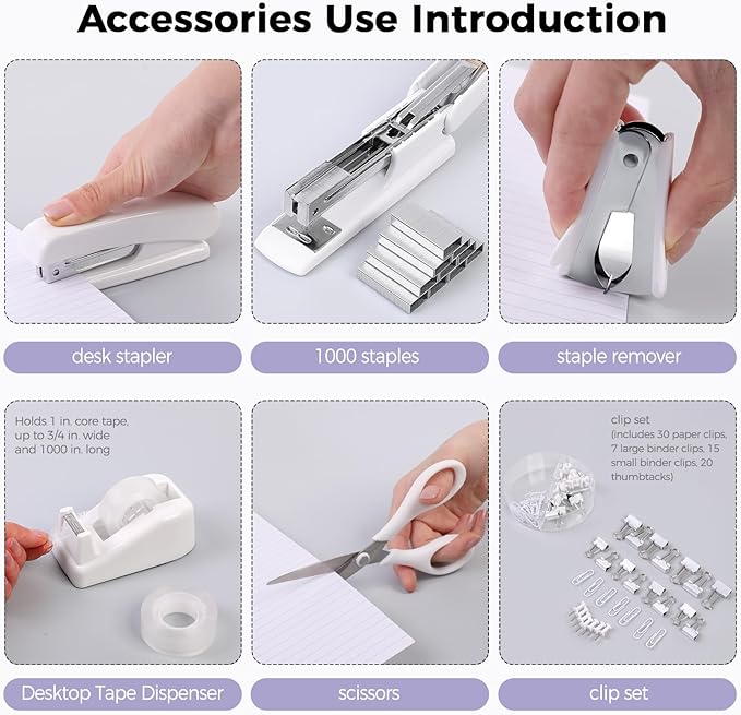 SKYDUE White Office Supplies Set, Desk Accessories, Stapler, Tape Dispenser, Scissors, Binder/Paper Clips and 1000pcs Staples, Office Decor for Women