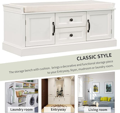 Knocbel 42.5" Entry Storage Bench with Removable Cushion, 2 Drawers and 2 Cabinets, Entryway Hallway Foyer Shoe Bench End of Bed Bench with Aluminum Handles, 200lbs Weight Capacity (White)
