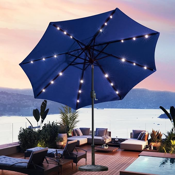 Sunnyglade 9' Solar LED Lighted Patio Umbrella with 8 Ribs/Tilt Adjustment and Crank Lift System (Navy Blue)