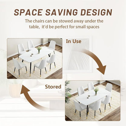 7 Piece Modern Dining Set, 62'' Sintered Stone Dinner Table for 6, 6 Chairs, Easy to Assemble