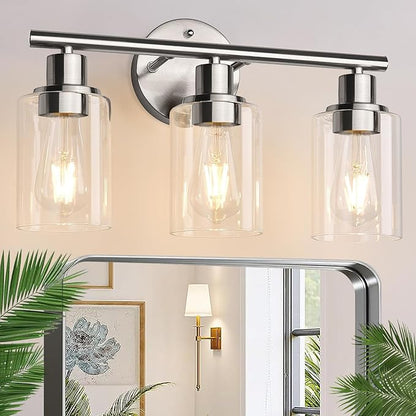 3-Light Bathroom Light Fixtures, Brushed Nickel Vanity Light, Farmhouse Wall Lights with Clear Glass Shade, Bathroom Wall Lamp for Mirror Kitchen Bedroom Hallway Living Room Hallway Cabinet