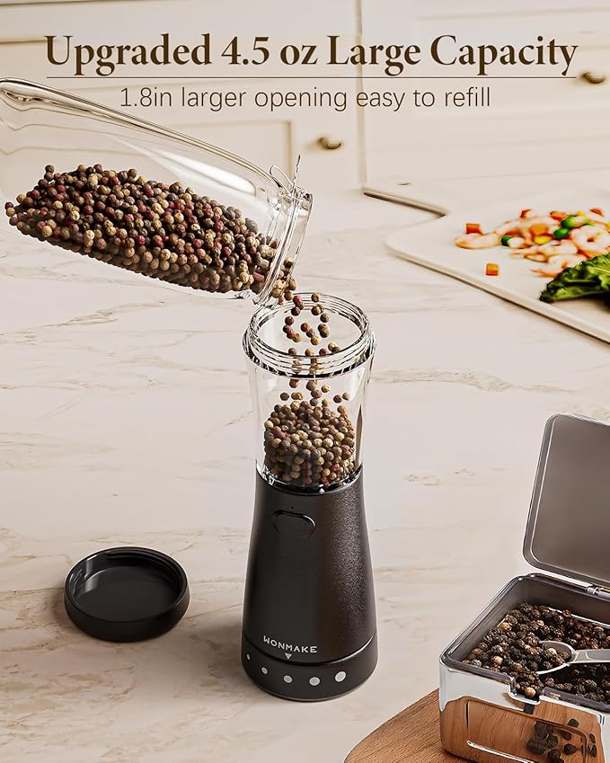 Electric Salt and Pepper Grinder Set Rechargeable, Electric Pepper Grinder with Adjustable Coarseness, 4.5oz Large Capacity, 1.8" Wide-Mouth & Storage Base, One-Hand Operation Kitchen Gadgets