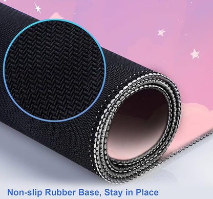 Cute Anime Cloud Desk Mat, Beautiful Pink Stitching Edge Non Slip Rubber Mouse Pad, Suitable for Female and Girl Office Decoration 35.4 x 15.7 x 0.12 Inches