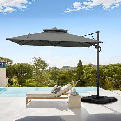 GREEN PARTY 12x9 ft Cantilever Patio Umbrella with Base Included, Rectangle Offset Outdoor Umbrellas with 360° Rotation, 5-Year-Non-Fading Hanging Pool Umbrella for Garden Deck Poolside - Grey