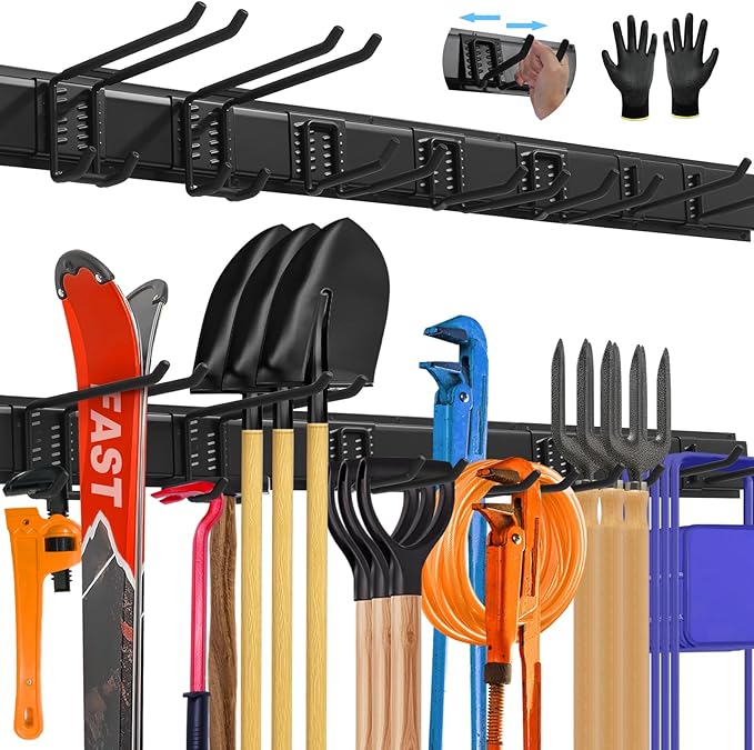 48'' All-Metal Garage Tool Organizer Wall Mount – Heavy-Duty Tool Rack Holds 450 lbs, Adjustable Hooks for Garage, Yard, and Garden Equipment