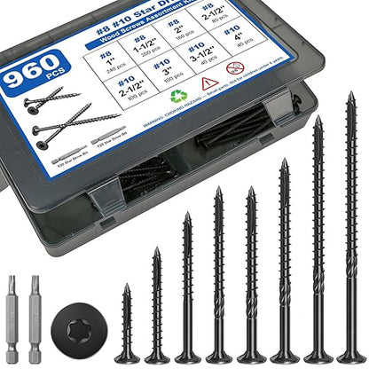 960Pcs Deck Screws, #8#10 Wood Screws Assortment Kit, 8Sizes Assorted Screw Set, Rust Resistant Torx Screws with Flat Head, Black Screw Kit for Woodworking Projects, Star Bit Included