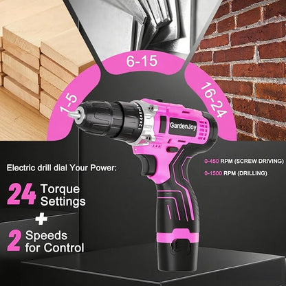 12V Pink Drill Driver Set, Women's Lightweight, 2 Batteries + Fast Charger, 2-Speed, 3/8" Keyless Chuck, 25 Torque Settings, LED for Metal/Wood DIY