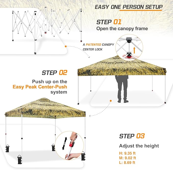 EAGLE PEAK Pop Up Canopy Tent with Wheeled Carry Bag, 8 Stakes, 4 Ropes, 4 Weight Bags, Easy Set Up Tent Canopy, 10x10 ft, 100sqft of Shade, Tiki