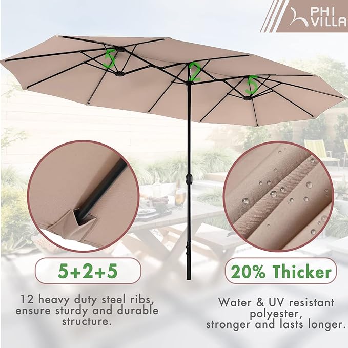 PHI VILLA 7 Piece Outdoor Dining Set with Umbrella, Rectangular Wood Top Metal Dining Table & Cushioned Wicker Chairs & 13ft Large Beige Umbrella for Patio, Deck, Yard