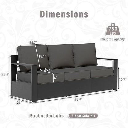Aluminum Patio Sofa - 3-Seater Outdoor Sofa with 6" Thick Water-insistant Cushions, All-Weather Use Frame, Removable Cover, Ideal for Garden, Poolside (Grey)