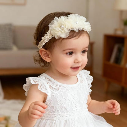 Handmade Baby Girl Headbands in Beige and Pink Lace Flowers for Newborns and Toddlers Cute Baby Girl Flowers and Newborn Headbands (Beige Lace Pearl Floral, One Size)