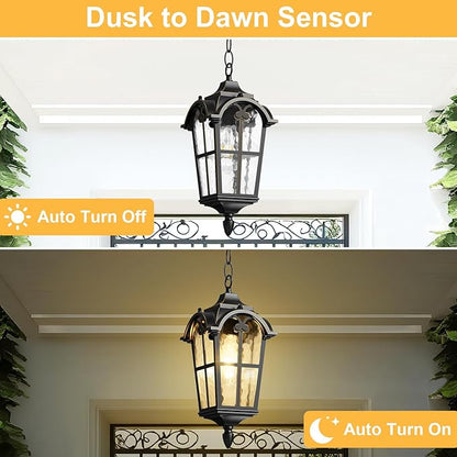 Outdoor Pendant Light Dusk to Dawn for Porch,Anti-Rust Aluminum Outdoor Chandelier, Waterproof Exterior Hanging Lighting Fixtures for Front Door, Gazebo, Black Finish with Gold Edges