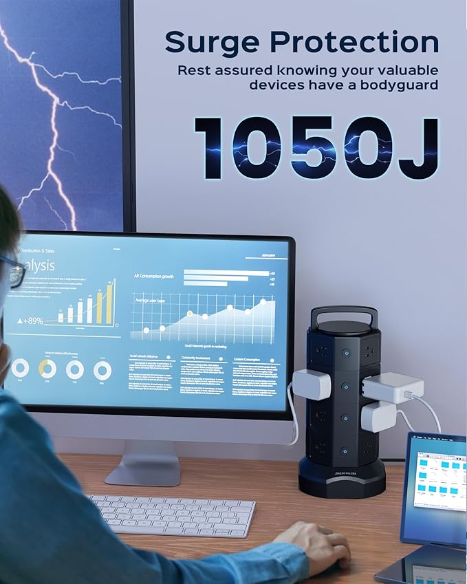 Power Strip Tower Surge Protector, JACKYLED 16 Outlets 6 USB (2 USB C) Charging Station, Extension Cord with Multiple Outlets, 1050J 1625W/13A Outlet Extender 6.5ft Extension Cord for Home Office