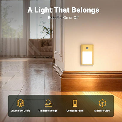 V4light Rechargeable Motion Sensor Night Lights, 8-Pack - Painted Gold Aluminum Alloy, Ultra-Compact Magnetic Mount, 3000K Warm White Glow, Ideal for Hallways, Bedrooms, Stairs & Nightly Use