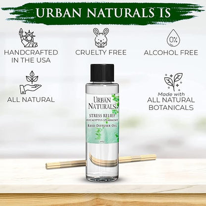 Urban Naturals Stress Relief Eucalyptus Spearmint Reed Diffuser Oil Refill | Fill Your own DIY Diffuser Bottle! Includes Replacement Reed Sticks, 4 oz (2 Pack)