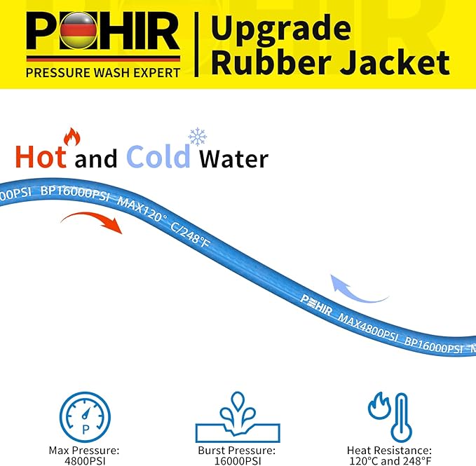 POHIR 150ft Pressure Washer Hose 3/8" 4800 PSI, Kink Resistant Industrial Grade Hose with Quick Connect Ends and Adapters for Hot & Cold Water up to 248°F, Steel Wire Braided Hose for Power Washing