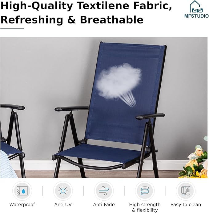 MFSTUDIO Patio Folding Chairs Set of 6, Outdoor Patio Dining Chairs, Portable Blue Sling Patio Chairs, 7 Levels Adjustable Sling Back Chairs for Backyard Lawn Garden
