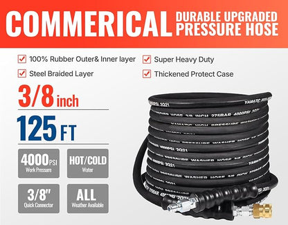 YAMATIC 3/8" Kink Resistant Pressure Washer Hose 125FT, Swivel 3/8" Quick Connector, 4000 PSI High Durability Cold Hot Water Max. 212°F, Fit Most Residential and Commercial Pressure Washer