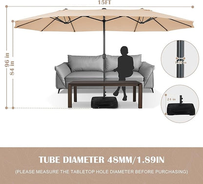Sundale Outdoor Olefin 5-Year-Non-Fading 15 ft Patio Umbrella with Sand Bag Base and Cover, Large Outdoor Double-Sided Umbrella