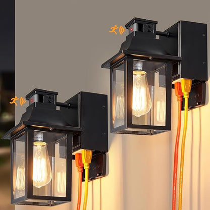 Porch Lights with GFCI Outlet,Dusk to Dawn Motion Sensor Outdoor Lights,3 Light Modes Black Front Door Lights,Waterproof Outside Wall sconces for House Patio Garage (2 Pack)