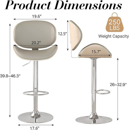 Adjustable Swivel Bar Stools Set of 4, Modern Bentwood Barstool with Large Metal Base and Footrest, PU Leather Upholstered Bar Chair with Curved Back for Kitchen Island Dining Room, Gray