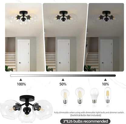 KoKo&Yukina 3-Light Mid Century Modern Black Semi Flush Mount Ceiling Light Globe Sputnik Chandelier Fixture Clear Glass Globe Ceiling Lights for Bedroom Living Room Hallway Entryway Foyer