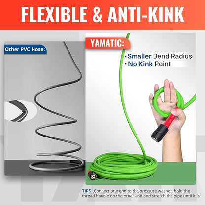 YAMATIC Super Flexible Pressure Washer Hose 30FT for Power Washer Replacement, Kink Resistant Extension With Leak-Free M22 Female & 3/8" Quick Connect Adapters, 1/4" 3200 PSI, Green
