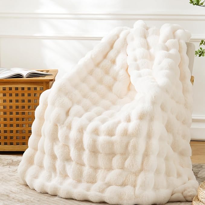BENVWE Faux Fur Throw Blanket for Couch - Cozy Plush Fluffy Soft Thick Bubble Blanket for Living Room Home Decor - Mothers Day Birthday Gifts for Women, Cream White, 51" x 63"