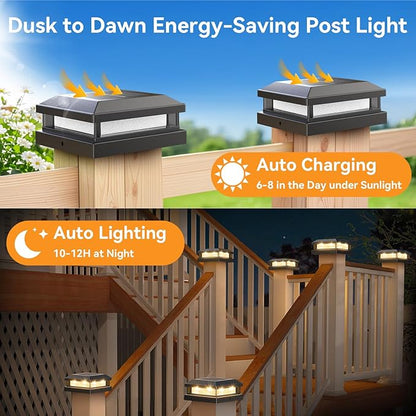 Brightever 4x4 Solar Post Cap Lights Outdoor 6 Packs, Waterproof Solar Powered Deck Post Lights for5x5 Wooden/Vinyl, Black Fence Lights with 16LEDs Warm White/Cool White for Outdoor Decoration